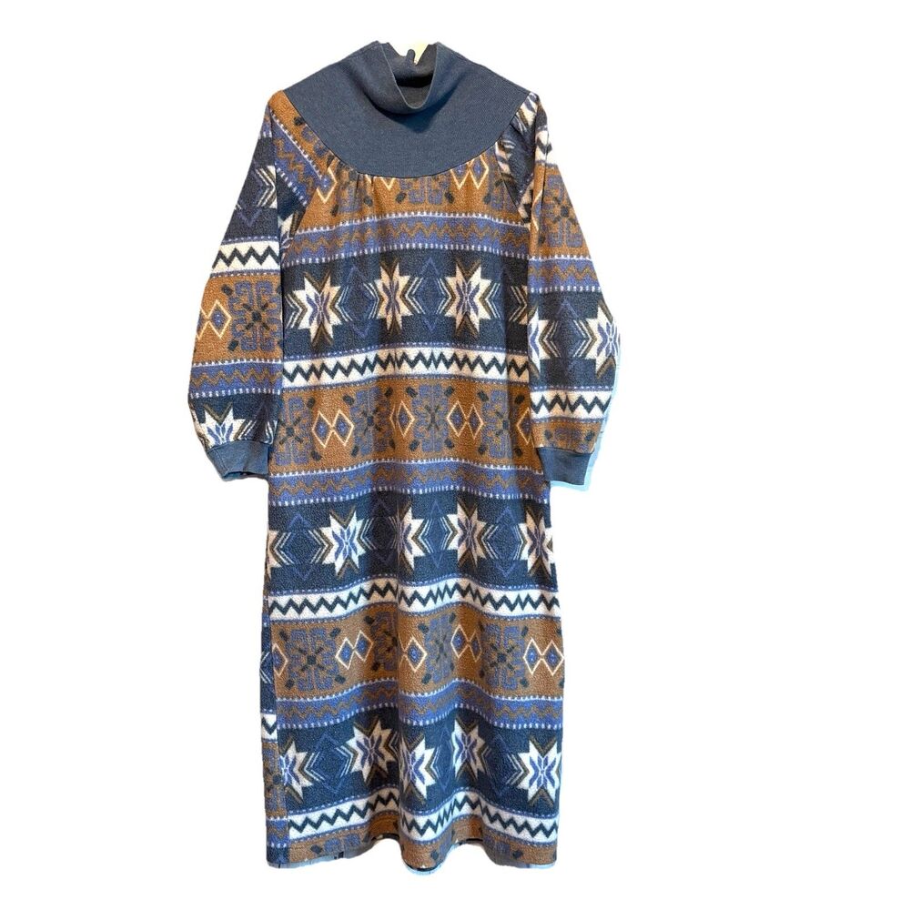 VINTAGE Cypress Fair Isle Fleece Dress Cowl Neck Tunic Tribal Nordic Aztec Print